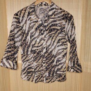 JM Collection Petite Womens Animal Print Semi Sheer Button Down Shirt MP